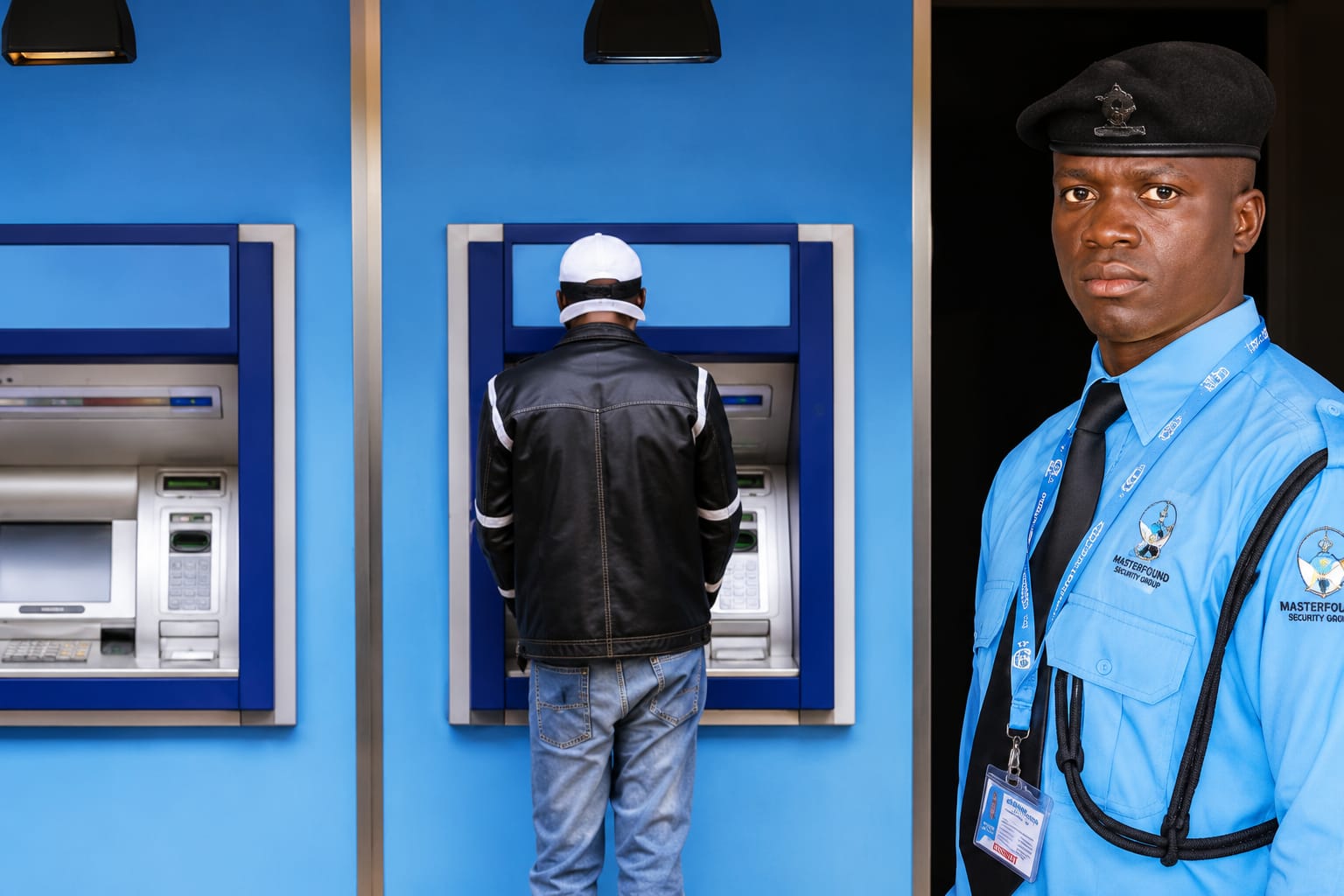 Masterfound Security guard protecting a customer at an ATM