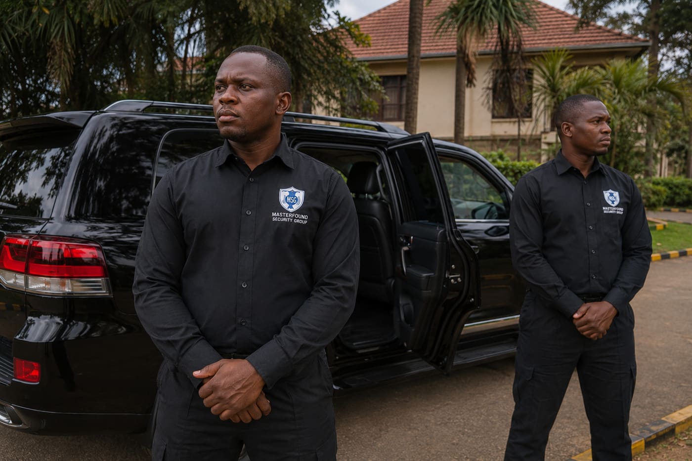 Masterfound Security VIP close-protection officers by an executive vehicle